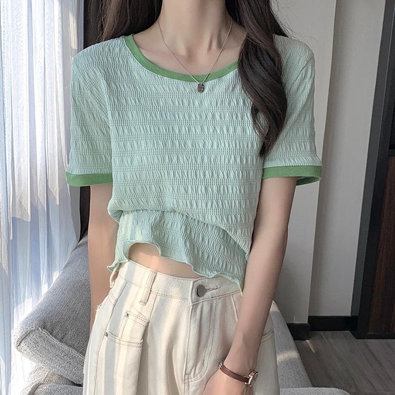 Women Summer Short Sleeve Round Collar Solid Color Pullover T Shirt Blouse Top