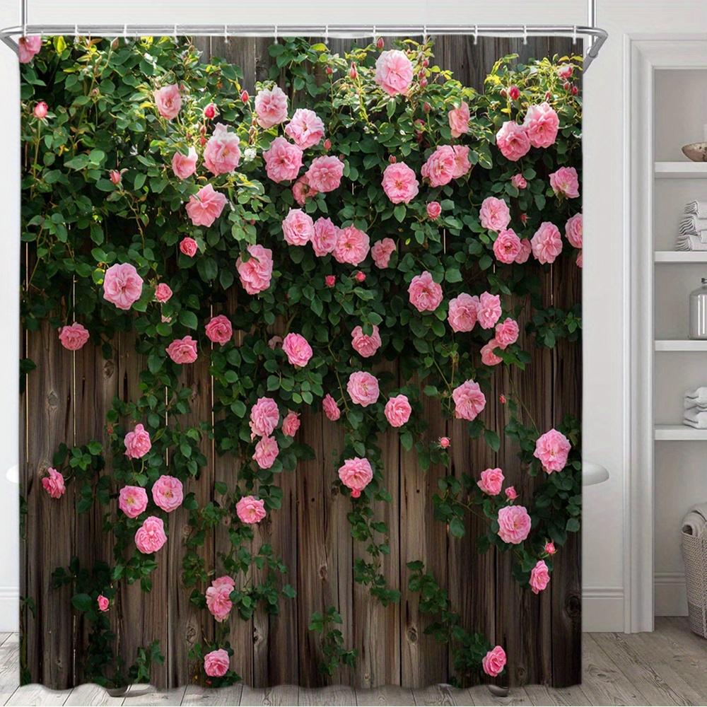 

1pc Climbing Roses on Weathered Wooden Fence Shower Curtain - Vibrant Pink Floral Design, Rose Shower Curtain 90X180CM