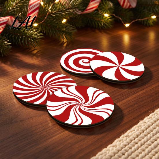 Winter Home Decor Accessories 4Pcs Red White Spiral Wooden Coasters Round Peppermint Candy Drink Lightweight Stackable Wood Mat Heat‑Resistant Cup
