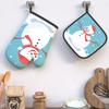 Snowman Oven Mitts Pot Holders Heat Resistant Red Blue with Santa Hats for Grilling Cooking, Baking, Broiling