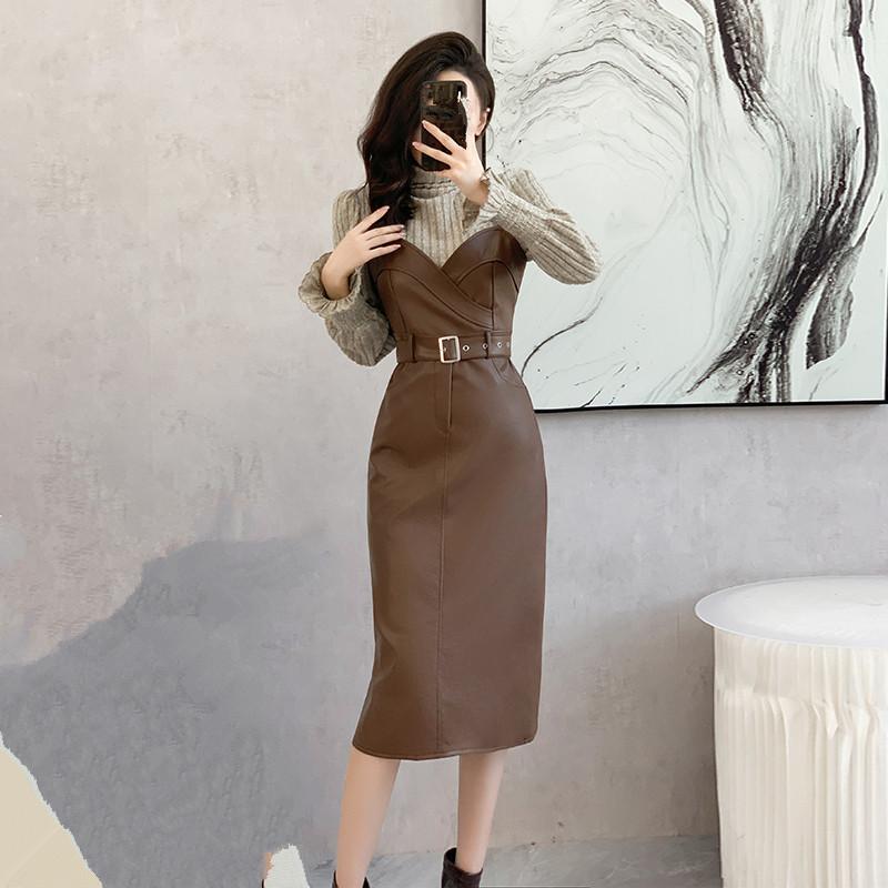 Streetwear PU šaty 2dílná sada Dámské outfity Neformální rolák Košile s rukávy a koženými šaty bez ramínek Dámské