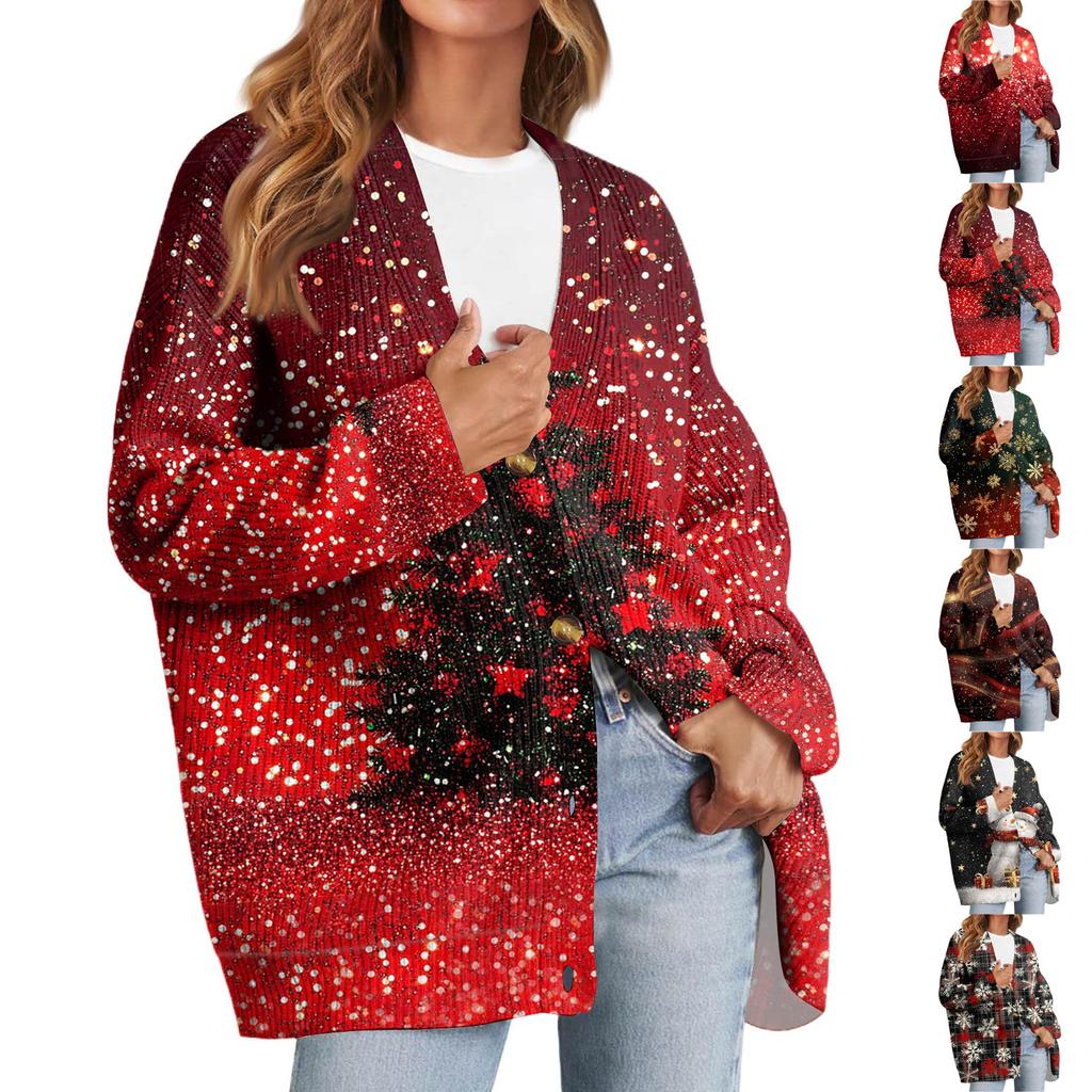 Women's Fashion Long Sleeve Christmas Print V-Neck Button Loose Cardigan Top