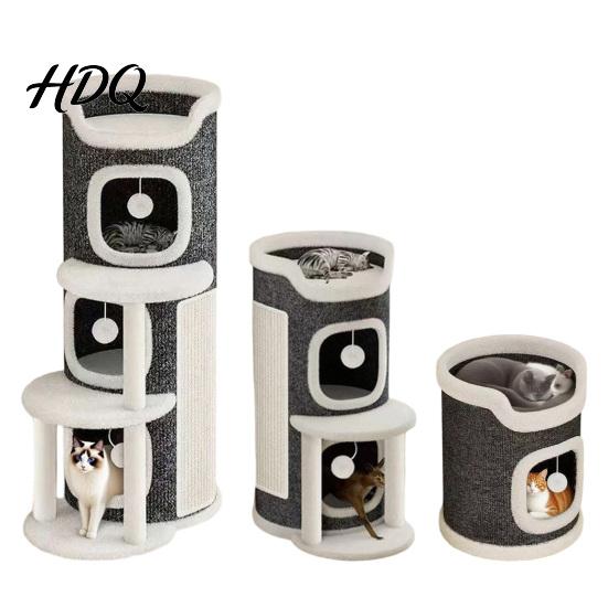 Katzenkratzbaum Turm Kletterspiel Sisalmatte für Höhlen Mehrstöckige Tonne mit Mehrkatzenfamilie Soziale Katzen