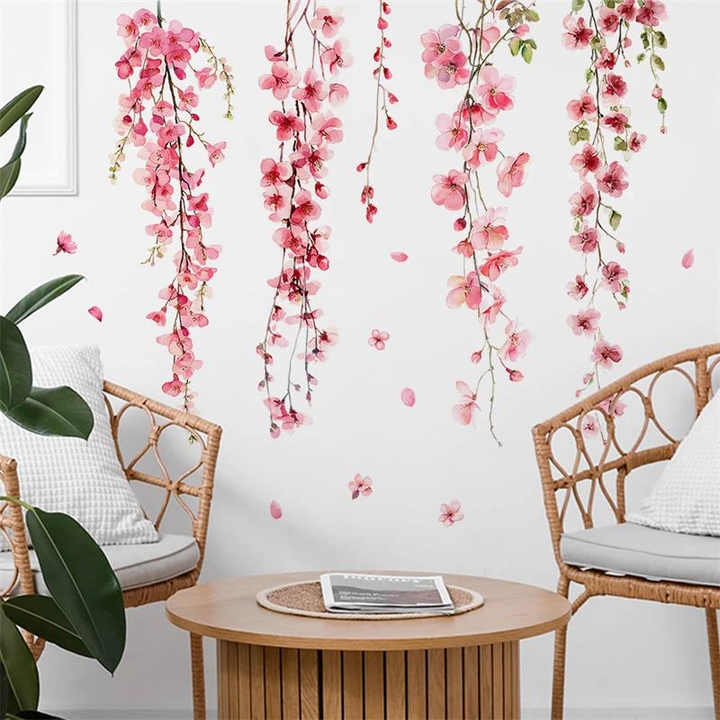 Beautiful Vine Pink Flower Wall Stickers for Living Room Bedroom Wall Decor Girl Room Decoration Children's Wall Decal Wallpaper