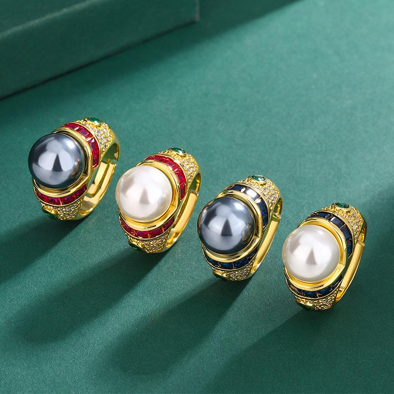 Hua Youmei Gold Plated Luxury Pearl Finger Ring Enamel Zircon Tahitian Grey