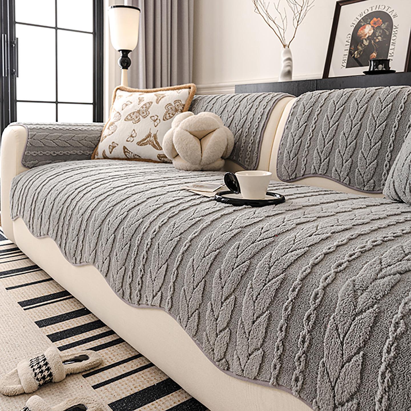 

Retro Cotton Velvet Sofa Cushion Thickened in Winter New High-end Feeling Fixed Anti Slip Straight Row Cushion Cover Cloth Towel 70X70cm сірий