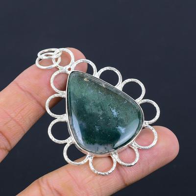 Easter Deal 925 Sterling Silver Solar Moss Agate Gemstone Wedding Bezel Pendant