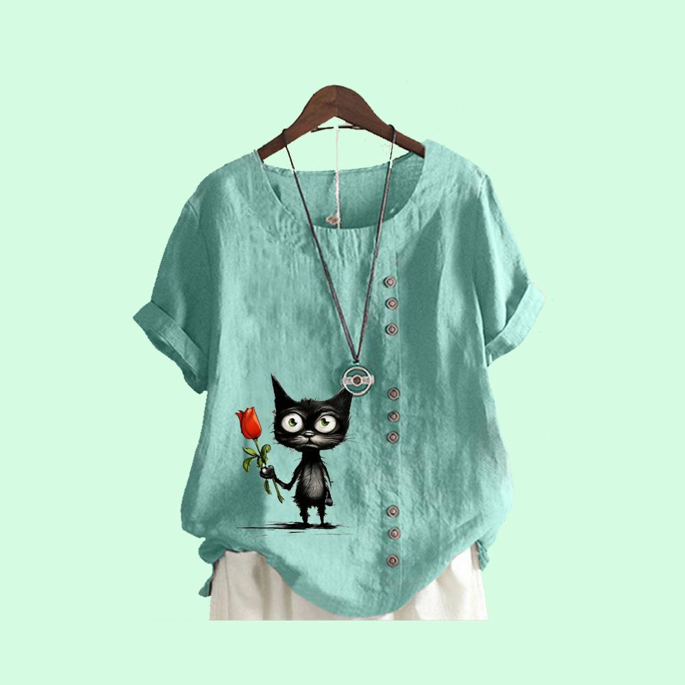

Женская мода с круглым вырезом и коротким рукавом, летняя свободная льняная футболка Laides Casua Cat Print Blouse XXXXXL озеро синий