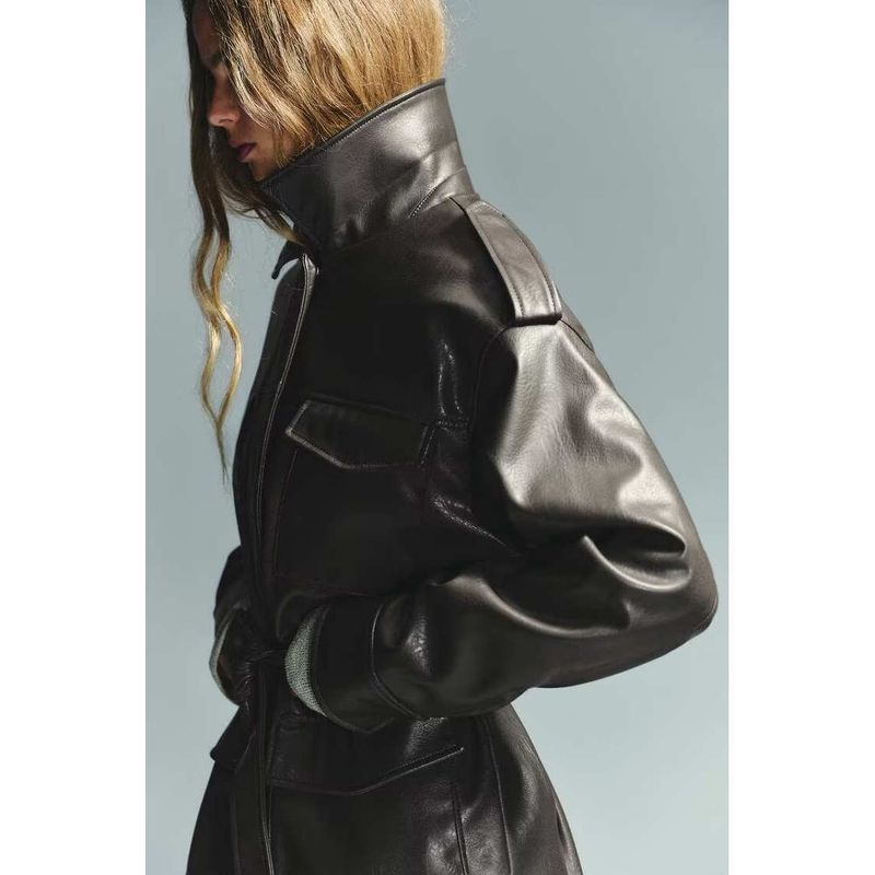 Za Export New Arrival Women's Clothing ZR Fashion Style Fashion Sense Versatile Pocket Decoration Imitation Leather Jacket Outwear 4341766