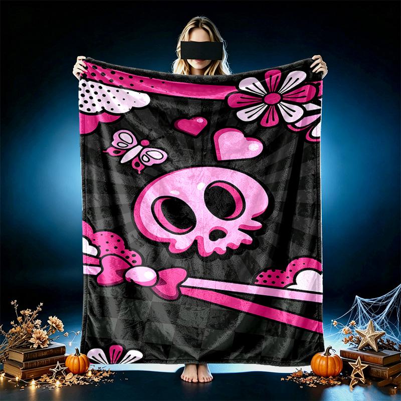 1pc Comfortable Home Print Throw Blanket, Pink Skull Graffiti Art Blanket For Bed and Sofa Use, Special Present For Family
