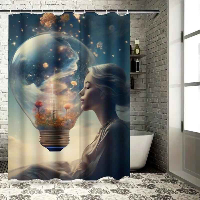 Surreal Woman with Dreamy Lightbulb Shower Curtain - Waterproof, Mildew-Resistant, Machine Washable for Artistic Bathroom Decor