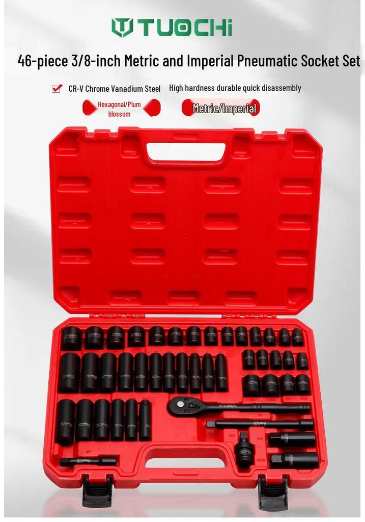46-Piece 3/8" Medium Wall Metric/Imperial Extended Hex Air Impact Wrench & Ratchet Socket Set