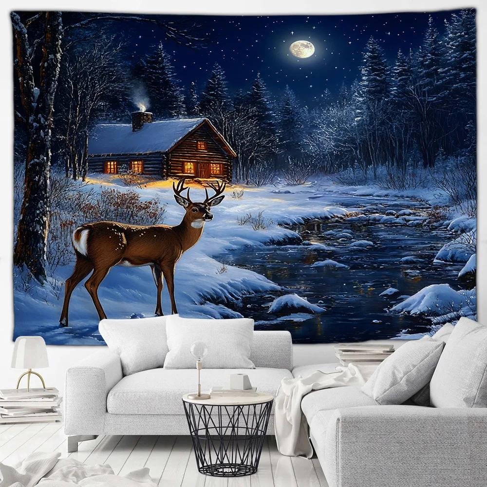 Winter Forest Elk Tapestry Farmhouse Stream Snowy Animal Nature Landscape New Year Christmas Home Living Room Decor Wall Hanging