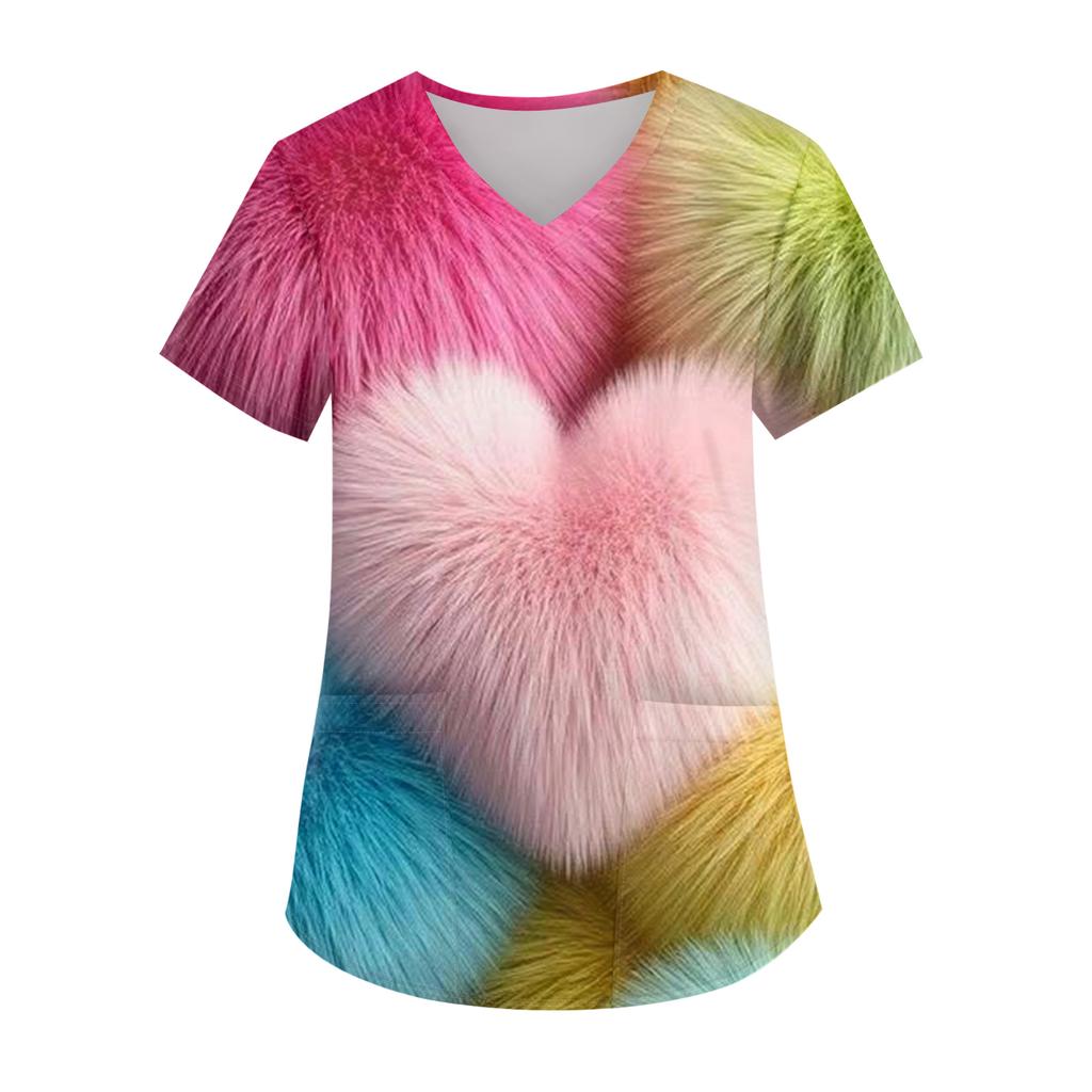 Damen Valentinstag Bedruckt Modisch V-Ausschnitt Tasche Kurzärmelig Uniform Und Pflegeroberteil