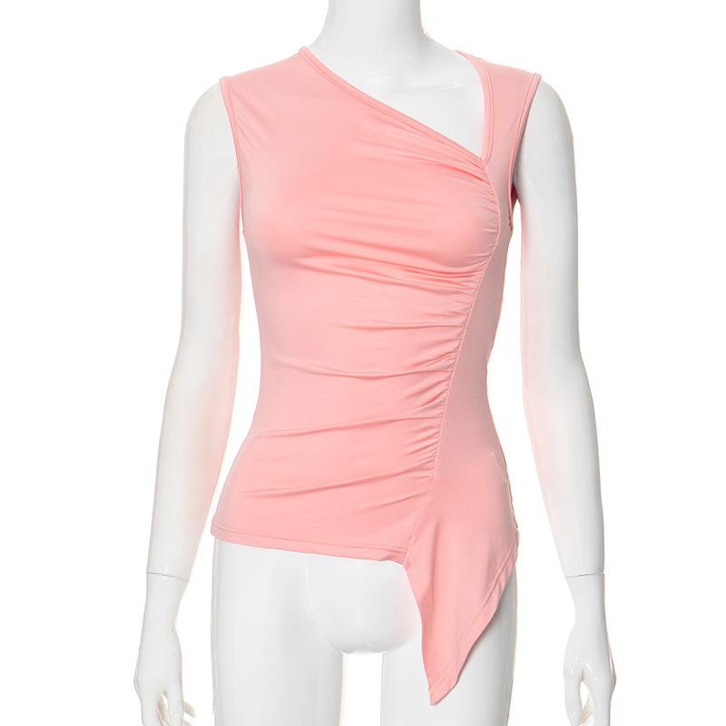 

Женская мода повседневная летняя весна однотонный принт без рукавов косой воротник блузки и рубашки L розовый