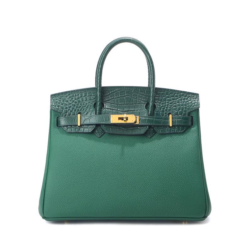 Sac à Bandoulière en Cuir de Vachette Motif Crocodile, Grand Sac à Main Rétro Style Kelly pour Femmes