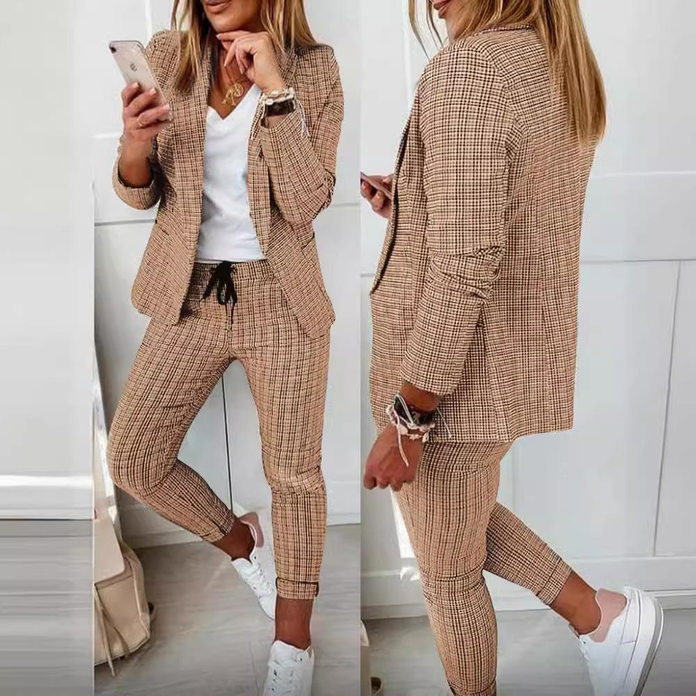 Autumn Winter Plaid Printing Two Piece Sets Women Casual Notched Collar Blazer & Pants Set Outfits Fashion Elegant Suit Sets
