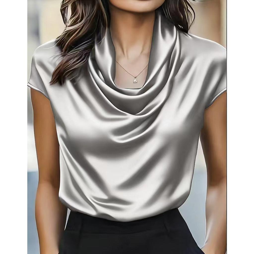 Spring Summer Women's Cowl Neck Draped Short Sleeve Blouse Casual Versatile Top