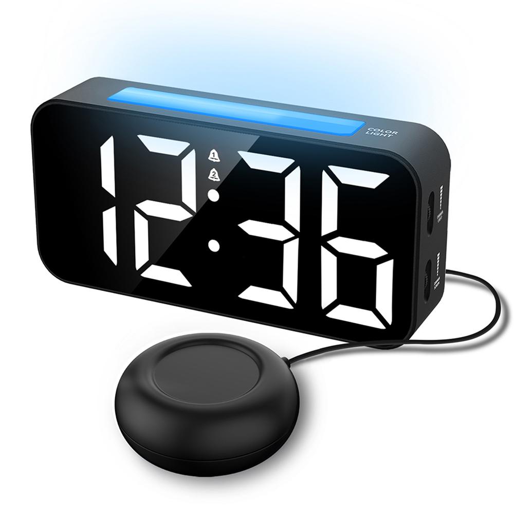

Цифровой вибрирующий будильник с большим дисплеем и светодиодными часами с цветным светодиодным ночником, вибрирующим будильником с функцией повтора сигнала 12/24 часа чёрный