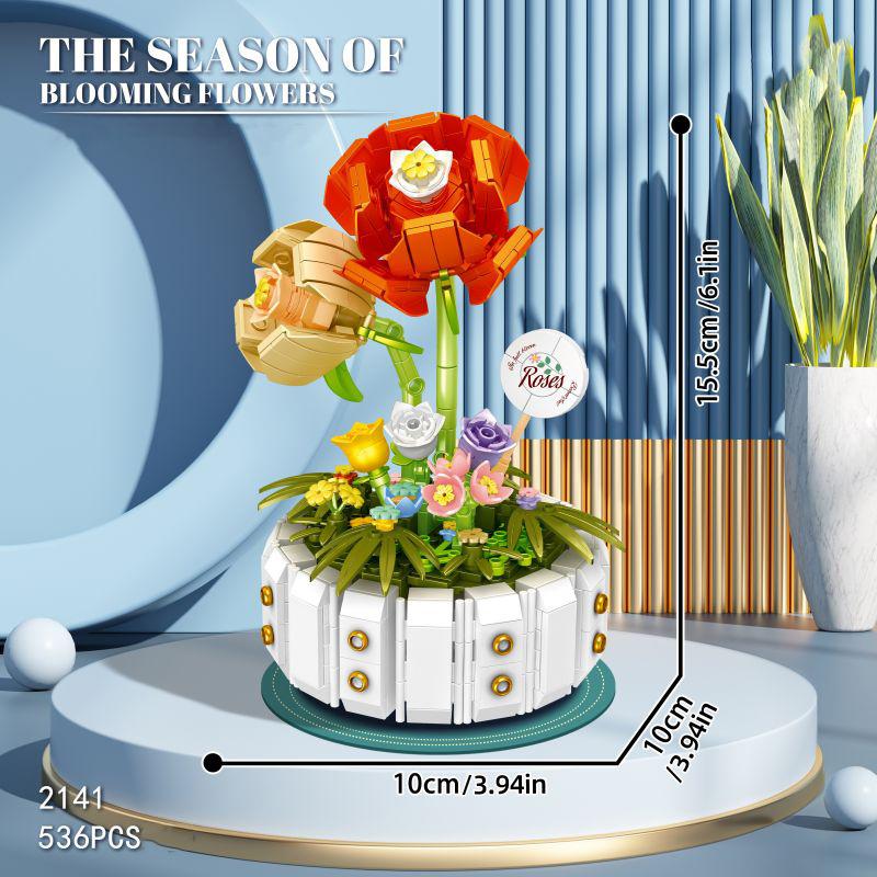536PCS Rose Potted Building Blocks Eternal Flower Bouquet Creative Assembly Bricks Kids Toys Holiday Gifts