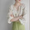 JOJOZ Vintage Tencel Shirt with Apricot Floral Embroidery & Green Leaf Tie-Up Lantern Sleeves - Perfect for Spring/Summer.