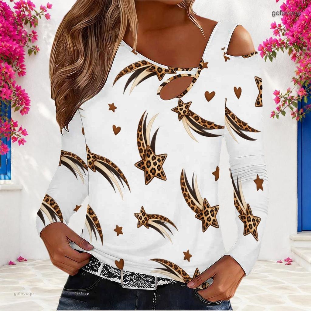 Women Plus Size Asymmetric Cutout Neck Cold Shoulder Long Sleeve Leopard Moth Print White Fitted Top
