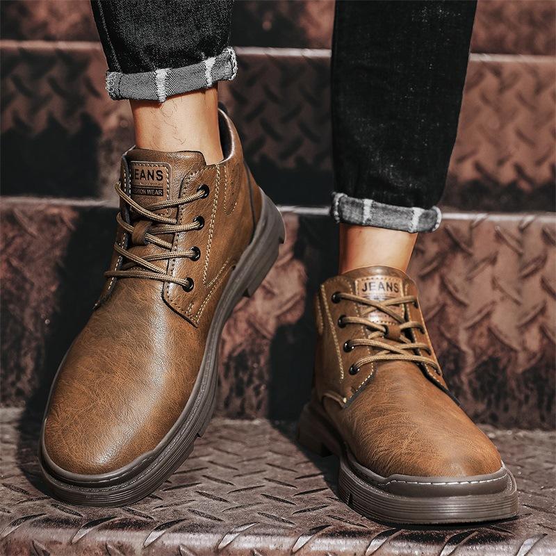 Men's High-top Casual Shoes Men's Winter Cotton Shoes with Velvet To Keep Warm New Martin Boots Men's Waterproof Tooling Leather Boots