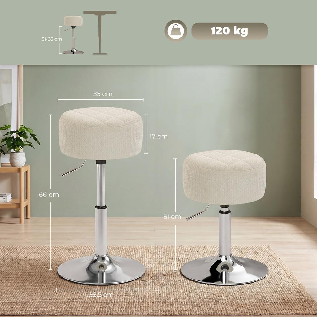 Chenille Dressing Stool, Swivel Makeup Stool, Height-Adjustable, 51-66 cm, Cream