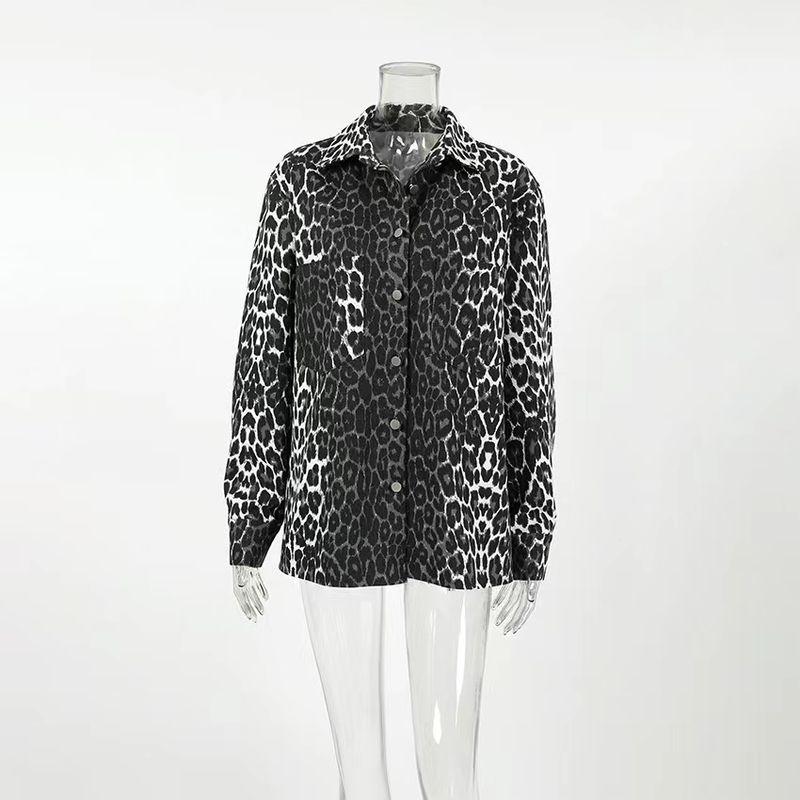 

European and American New Lapel Long sleeve Leopard Print Casual Outerwear Flip Collar Leopard Print Jacket Leopard print L
