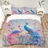 3er Set Bettwäsche mit Druck von pastellfarbenen Pfauen in einem romantischen Garten, weiche und bequeme Bettbezüge für Schlafzimmer, Gästezimmer