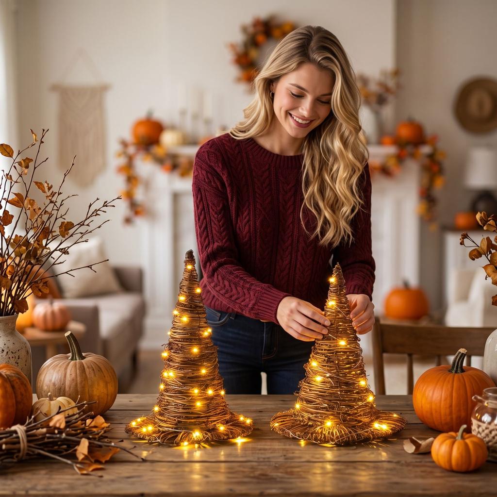 Pacote com 2 Chapéus de Bruxa de Vime com Luzes de Fio para Decoração de Halloween, Uso Interno e Externo