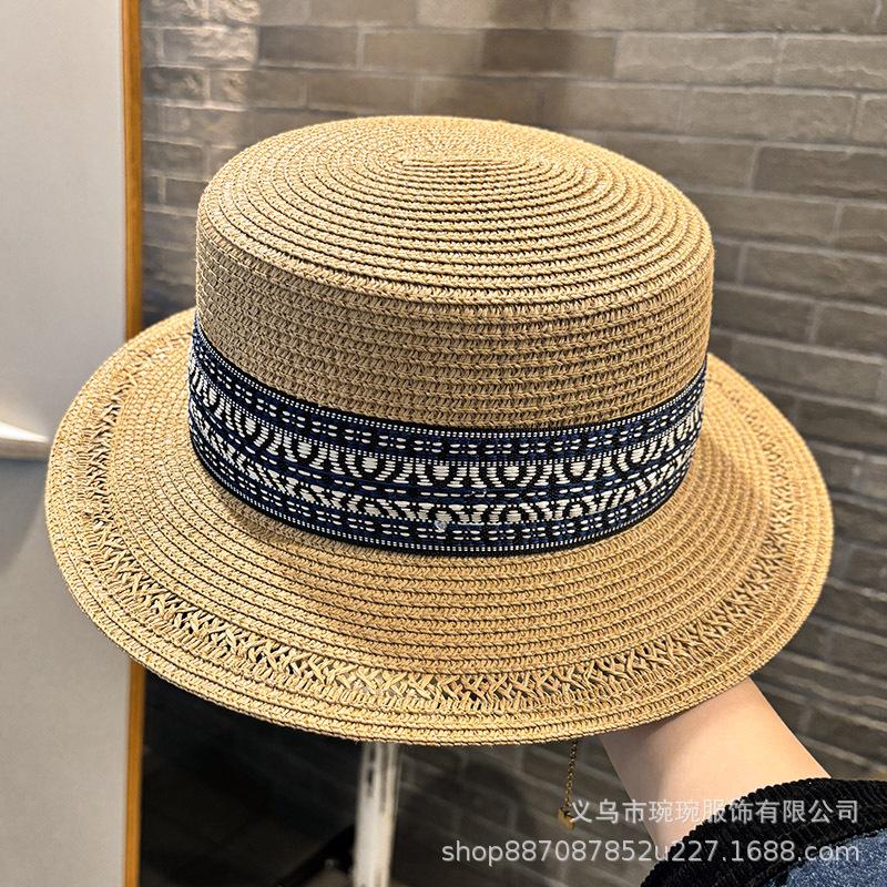 Ethnic style straw hat women's summer fashion retro travel beach seaside vacation style straw woven Panama flat hat