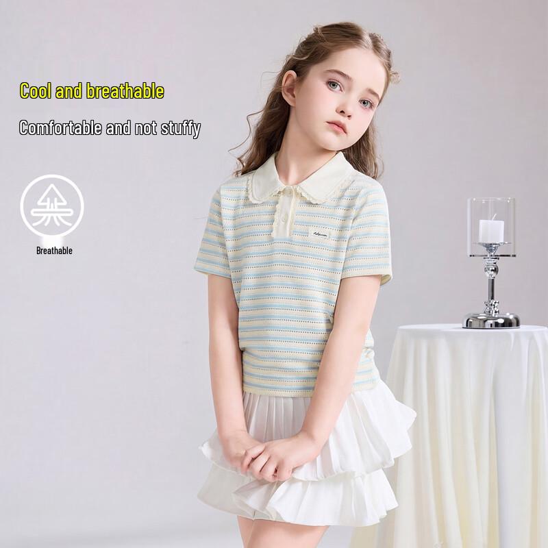 ASK JUNIOR Girls' Summer Lace-Collar Short Sleeve POLO T-Shirt