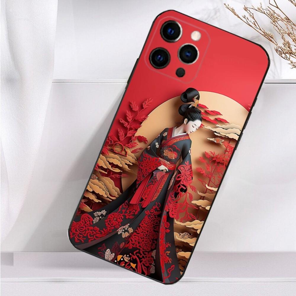 Japanese Geisha W-Woman Phone Case For iPhone 16,15,14,13,12,11 Plus,Pro Max,XS,X,XR,SE,Mini,8,7 Soft Silicone Black Cover