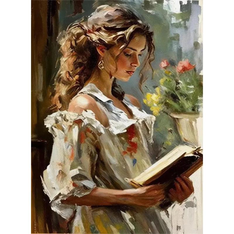 Vintage Read Elegant Girl Book Lovers Poster Women Portrait Oil Painting On Canvas Painting Wall Art Picture for Room Home Decor