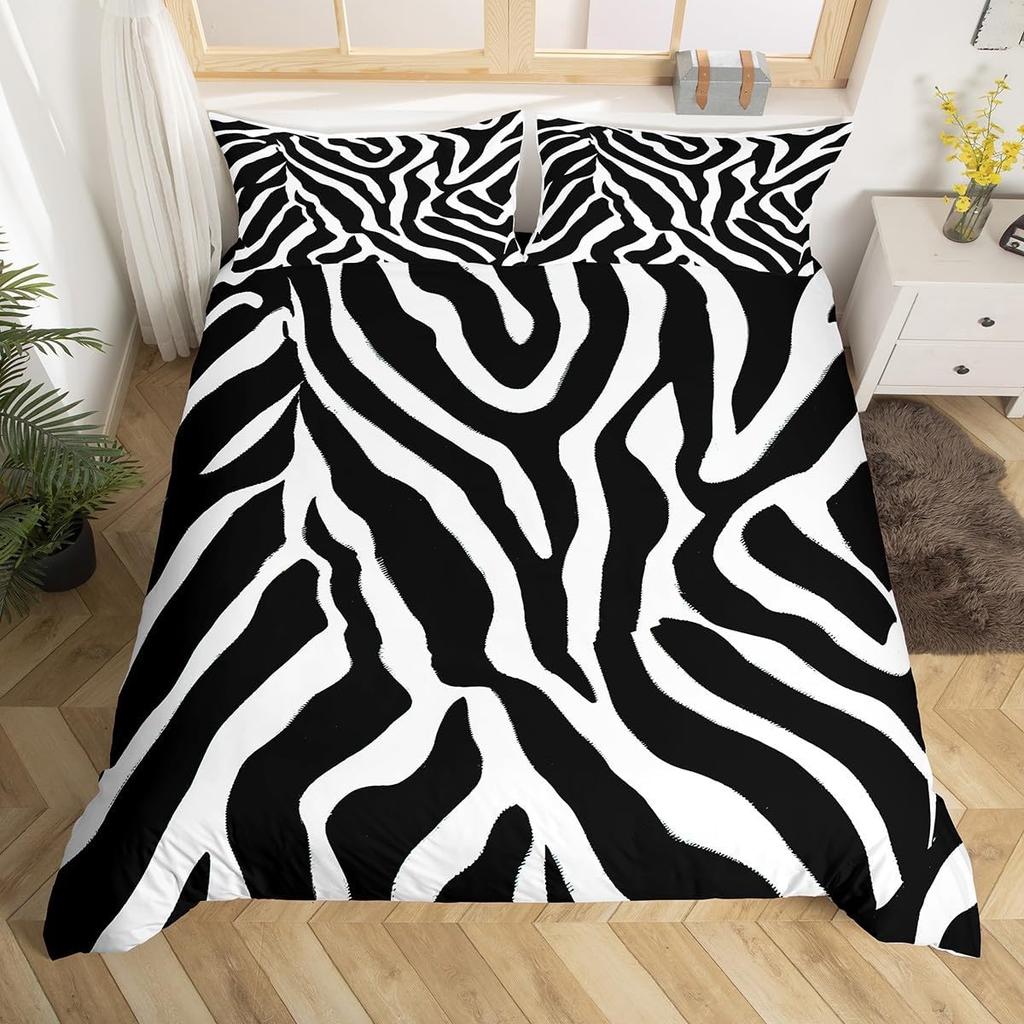 Zebra Print Duvet Cover Twin Wild Animal Theme Bed Set Safari Wildlife Fur Comforter Cover Abstract Geometric Stripe Bedding Set