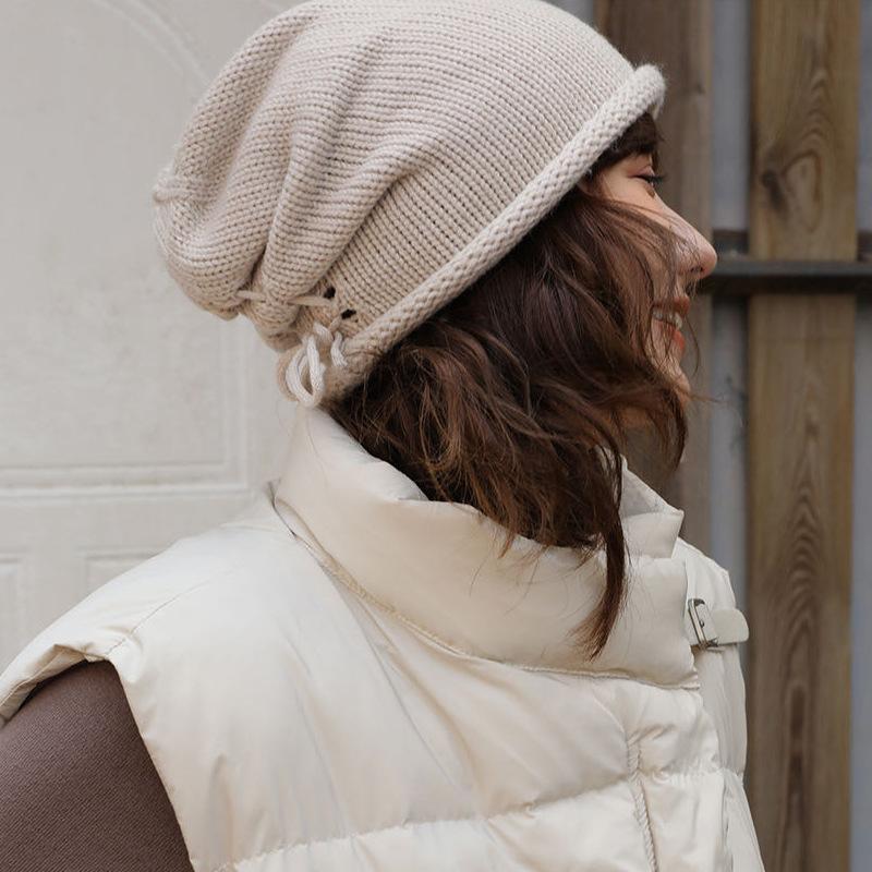 Autumn and winter solid color warm crimped wool hat men's and women's versatile knitted hat fashion street drawstring stacking hat