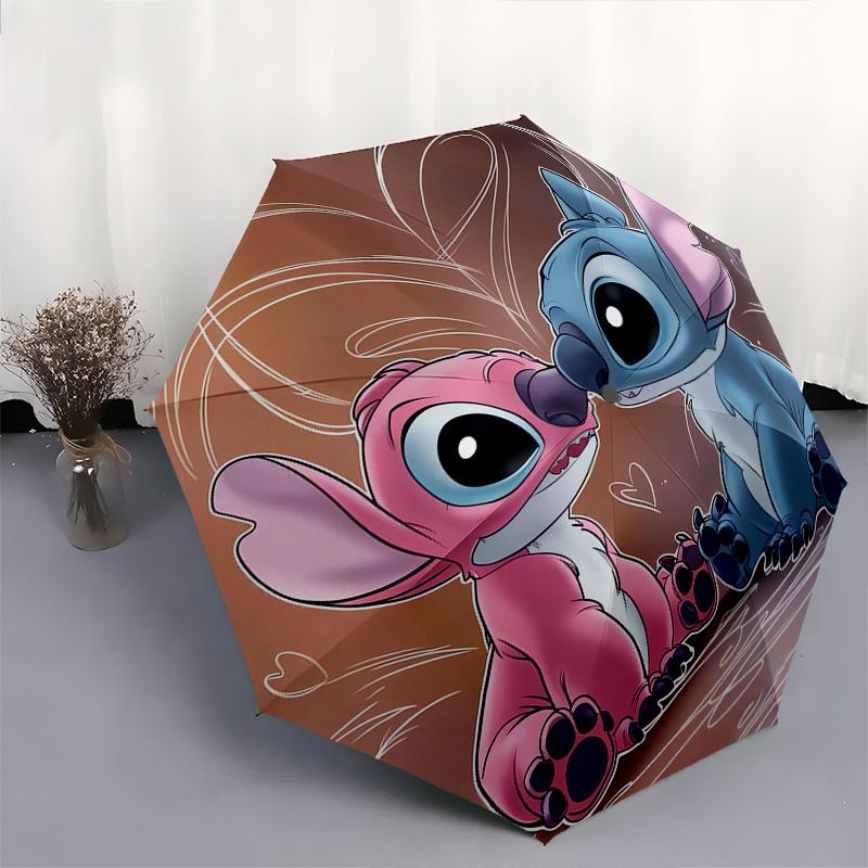 Stitch,Love Automatic Folding Umbrella - Simple 8-Rib Design, Bright Cartoon Pattern, Durable Iron Frame, Suitable For Travel, Outdoor, Beac
