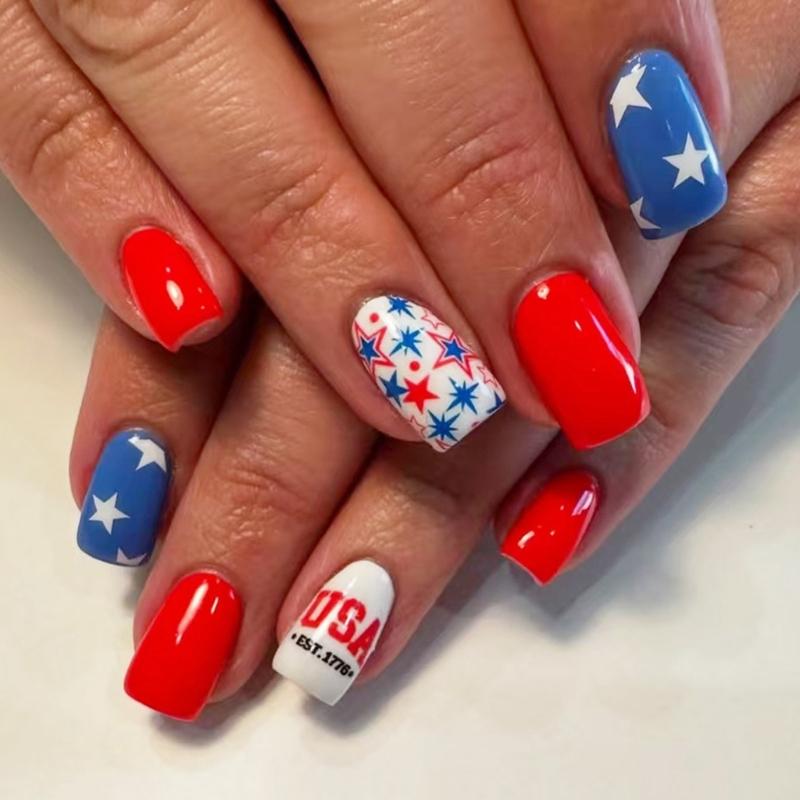 

Square Press on Nail 4th of July Fake Nail Independence Day Glues on Nail Patriotic False Nail Full Cover Fake Nail 1