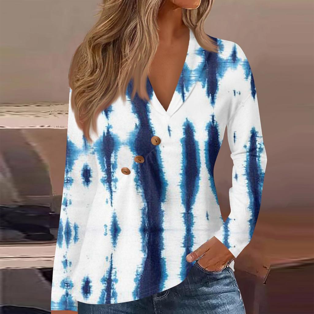 Women's T-Shirt Print V-Neck Button Ruffle Long Sleeve Top