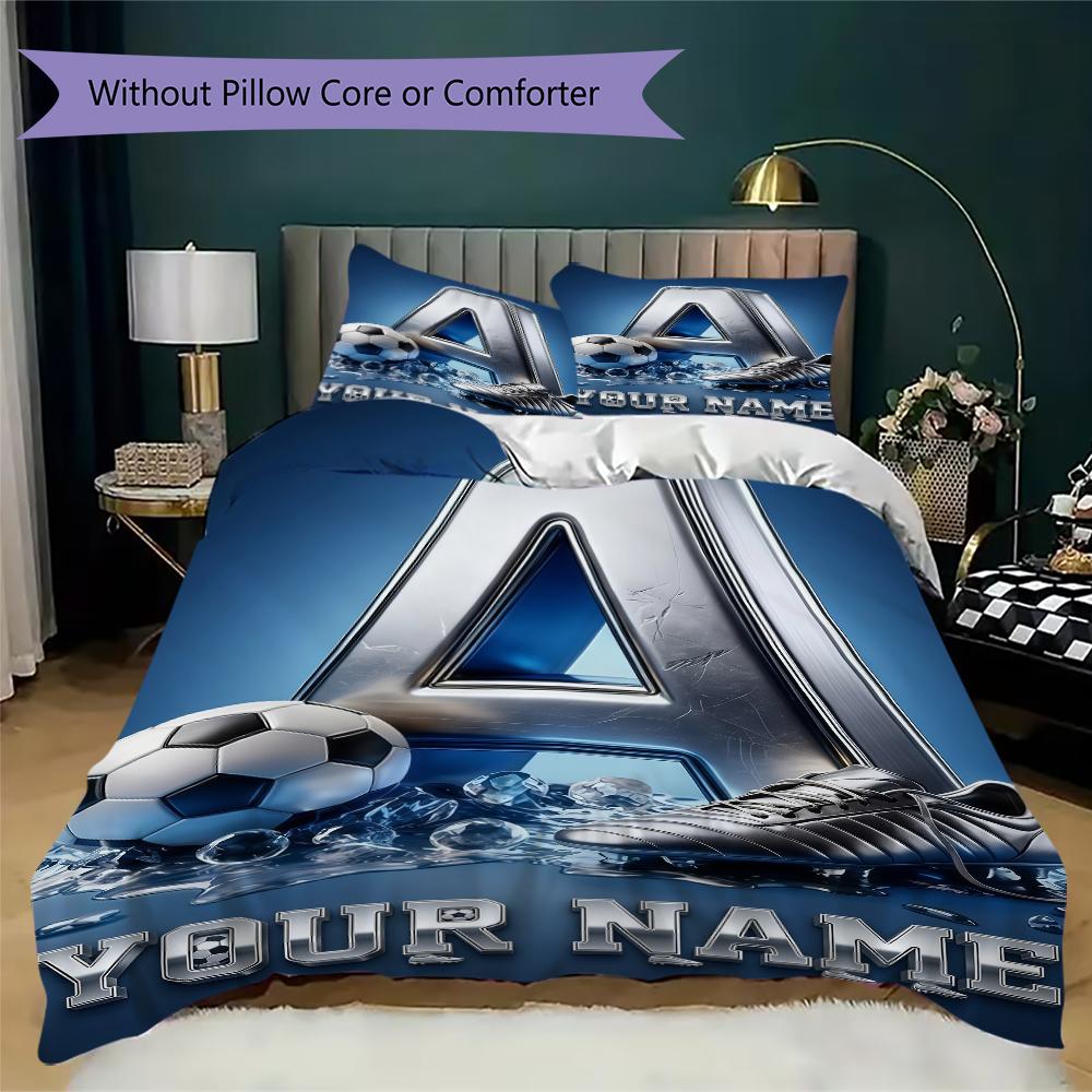 Custom Name Soccer Ball Neon Bedding,Quilt Set Quilt Cover Pillowcase Home Birthday Gift(1 * Duvet Cover + 2 * Pillowcase, Without Core)_lx