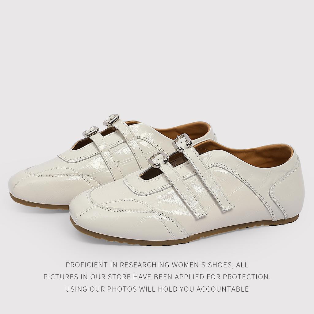 Metal Buckle OneWord German Training Shoes Ballet Style Small Leather Shoes Fashion Trendy Foreign Style Flat Shoes Single Shoes Women'S Shoes