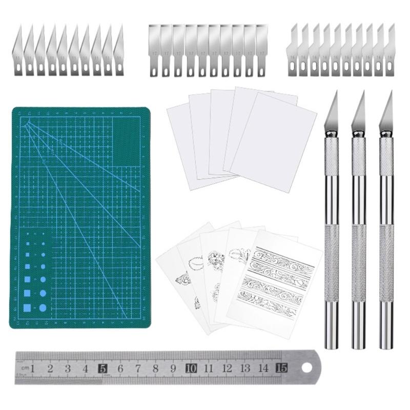 3 Leather Carving Tool 30 Replaceable Head 10 Carving Tracing Pattern Paper, Rotating Cutting Mat, Leather Working Tool