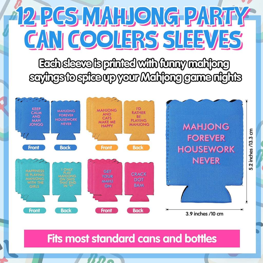 Chengu 12 Pcs Mahjong Party Can Coolers Sleeves with Funny Sayings Colorful Wavy Edges Can Coolers for Soda & Beer Game Night Mahjong Accessories