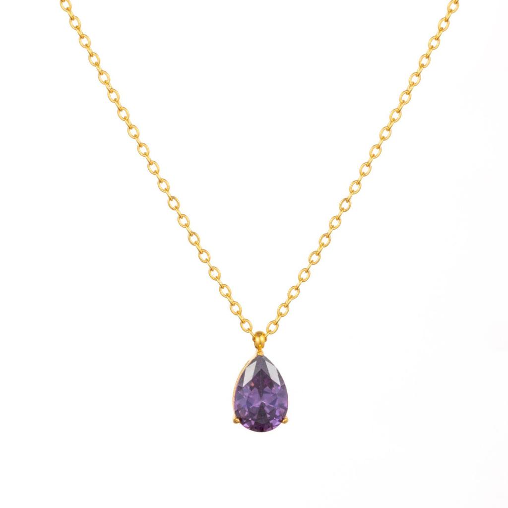 1pc Fashion Jewelry 18K Gold Plated Chain WaterDrop Diamond Pendant Necklace Stainless Steel 12 Months Birthstone Necklace