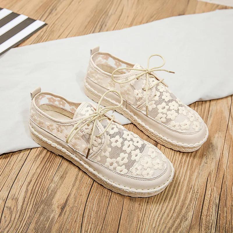 Spring Single Shoes Women's Net Yarn British Style Small Leather Shoes Trifle Soft Sole Set Foot Sandals Student Flat Sandalsnew