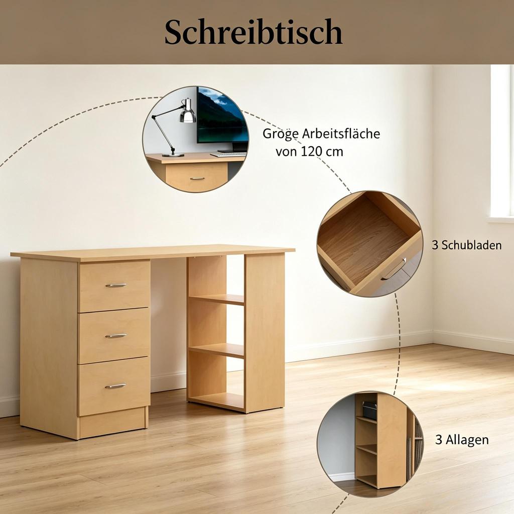 Functional Computer Desk, Modern Desk with Drawers and Open Shelf Compartment, Office Desk, Desk (only with office desk)