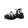 Muffin Thick-soled Heightening Leather Rhinestone Sandals Women's Summer Wear with Skirts Small Open-toed Women's Shoes