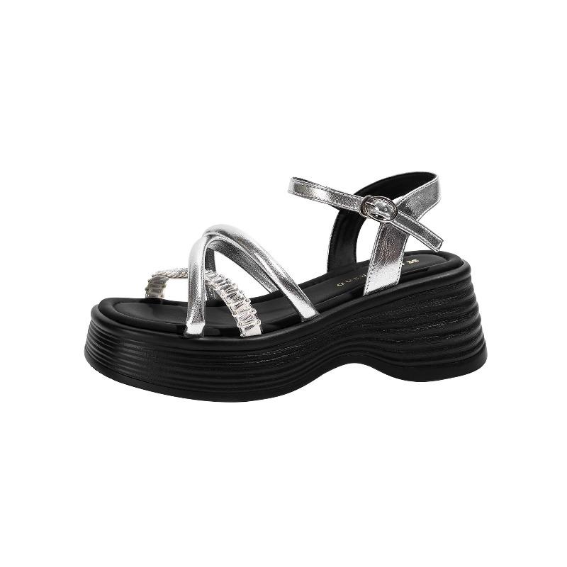 Muffin Thick-soled Heightening Leather Rhinestone Sandals Women's Summer Wear with Skirts Small Open-toed Women's Shoes