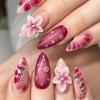 24 Pcs 3D Flowers Stick On Nail Rhinestones Artificial Nail Almond Shape False Nail Glossy Press On Nail for Woman